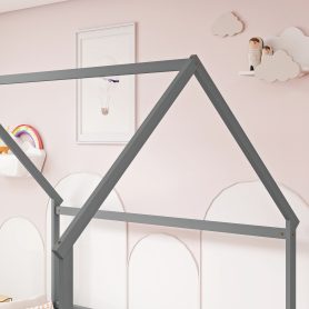 Full Size House Floor Bed With Roof Frame and Safety Guardrails