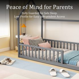 Twin Size House Floor Bed With Roof Frame and Safety Guardrails