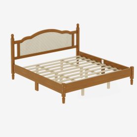 King Size Wooden Platform Bed with Natural Rattan Headboard