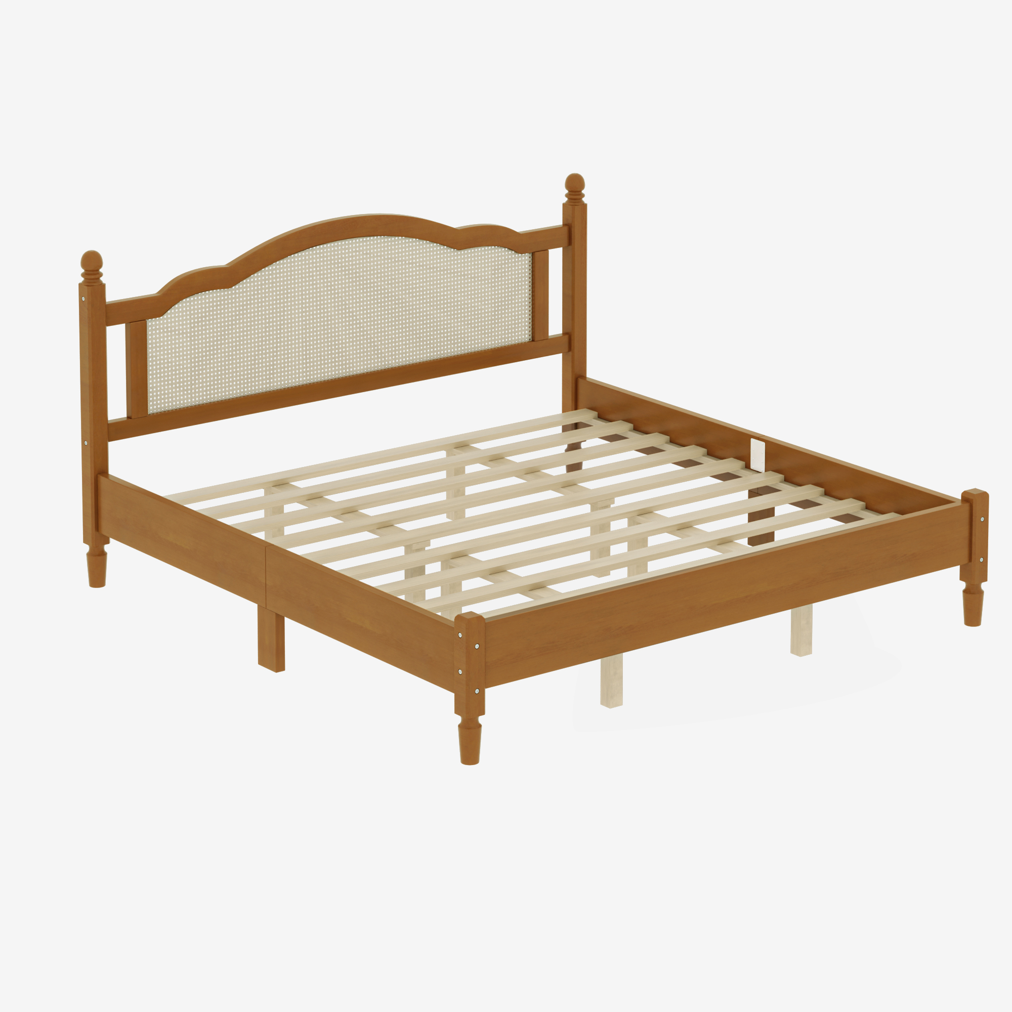 King Size Wooden Platform Bed with Natural Rattan Headboard