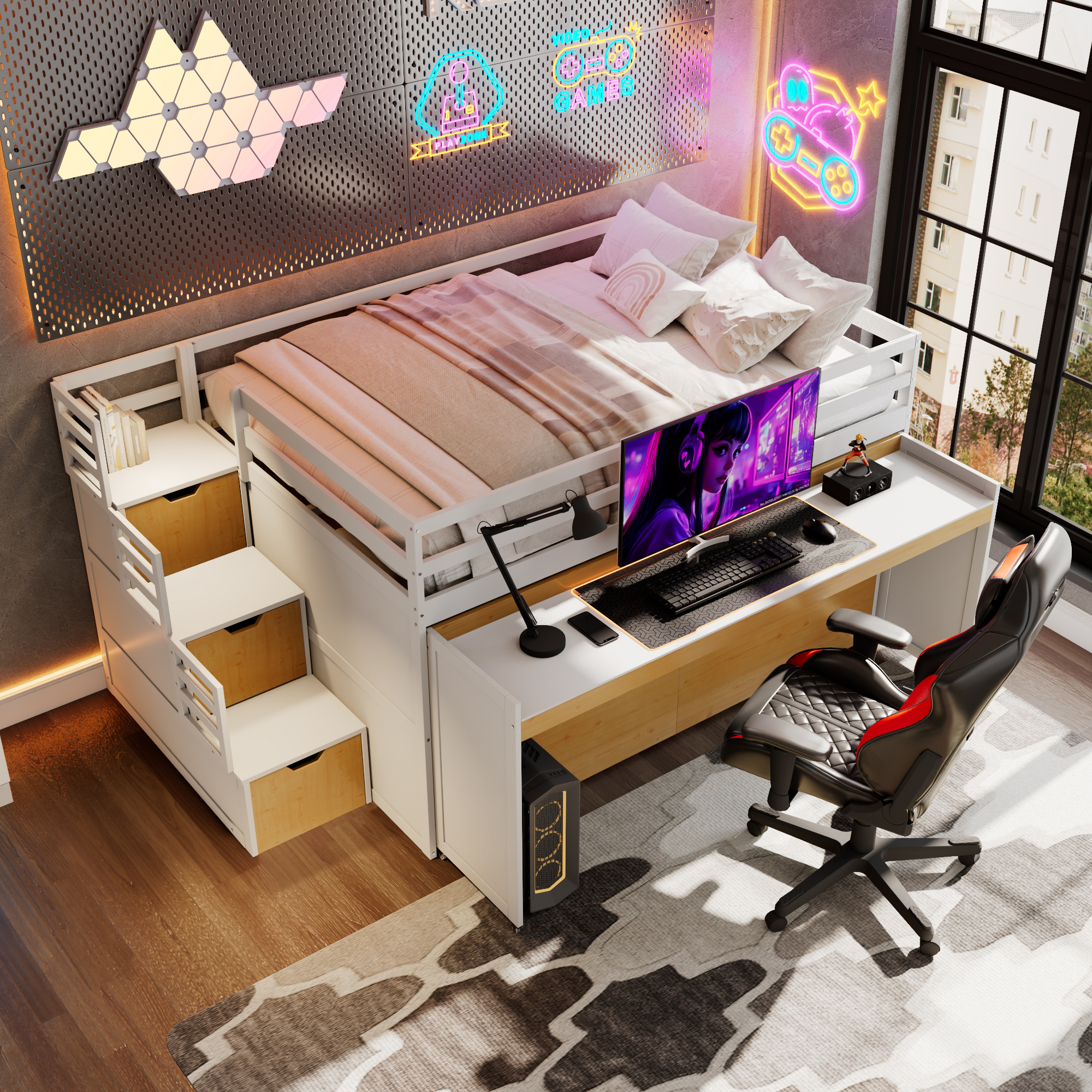 Full XL Loft Bed with Pull-Out Desk and Twin Trundle