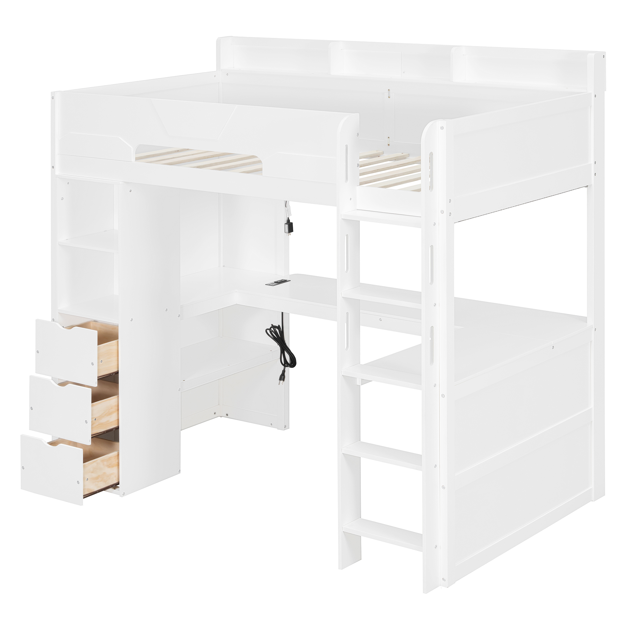 Twin Size Wooden Gaming Loft Bed with U-Shaped Desk, Smart RGB LED Lights and USB Ports