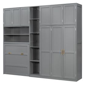 Twin Size Murphy Cabinet Bed With Wardrobe & Storage Shelves, 5-Tier LED Display Shelves, Overhead Cabinets
