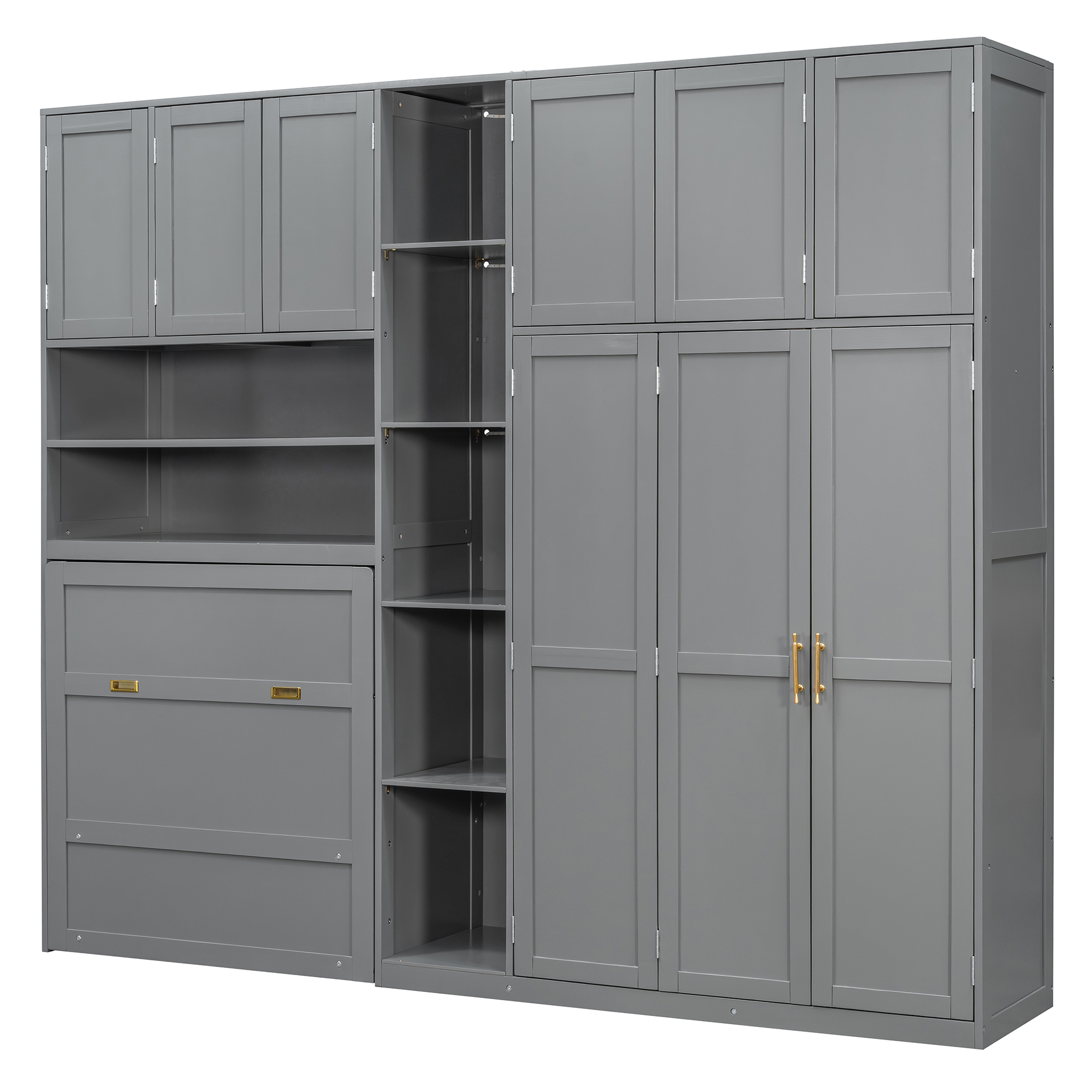 Twin Size Murphy Cabinet Bed With Wardrobe & Storage Shelves, 5-Tier LED Display Shelves, Overhead Cabinets