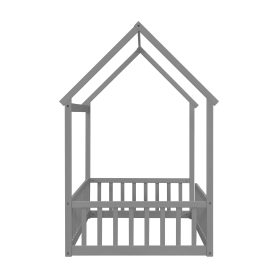 Twin Size House Floor Bed With Roof Frame and Safety Guardrails