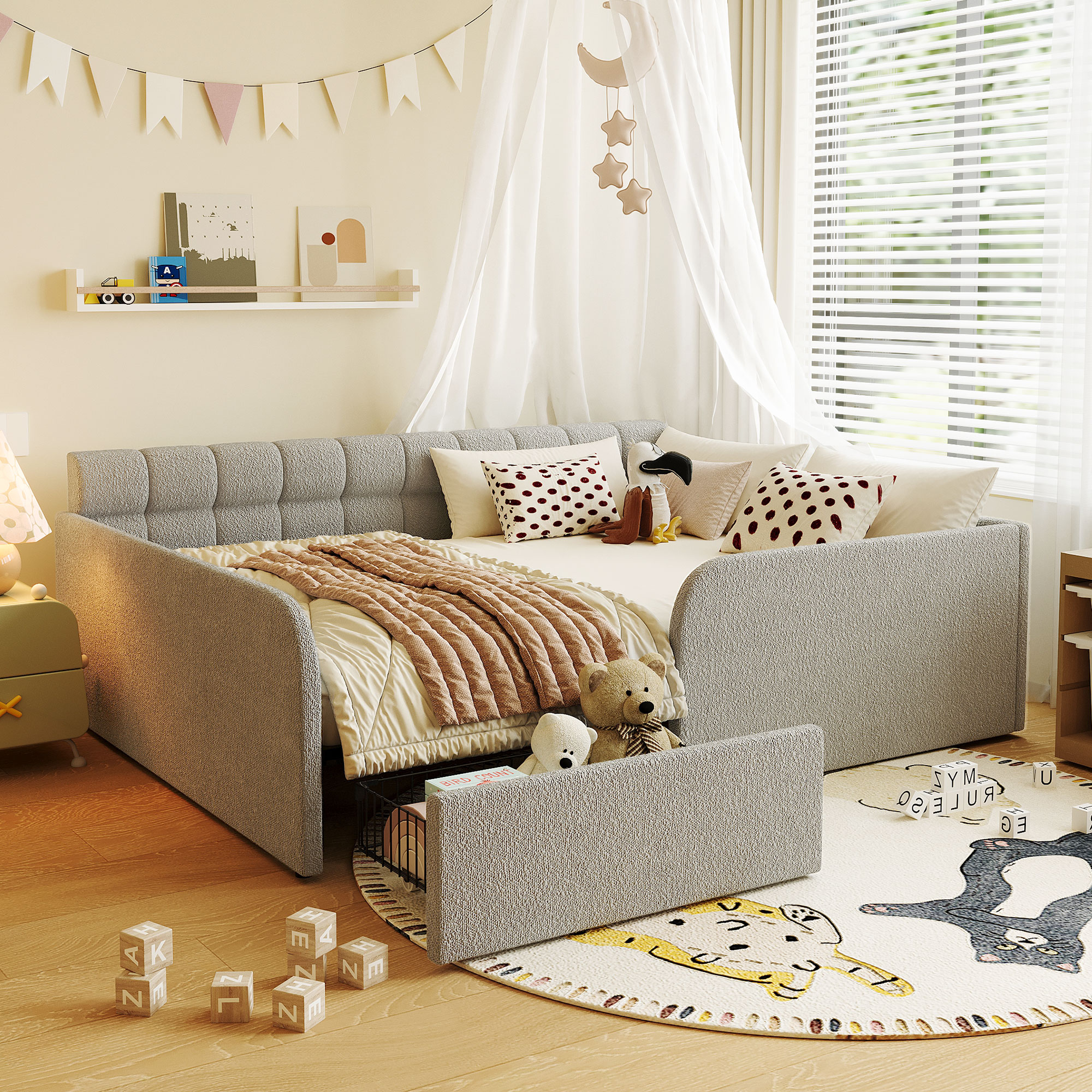 Full Size Boucl Fabric Daybed Frame With Storage Drawer
