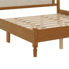 King Size Wooden Platform Bed with Natural Rattan Headboard