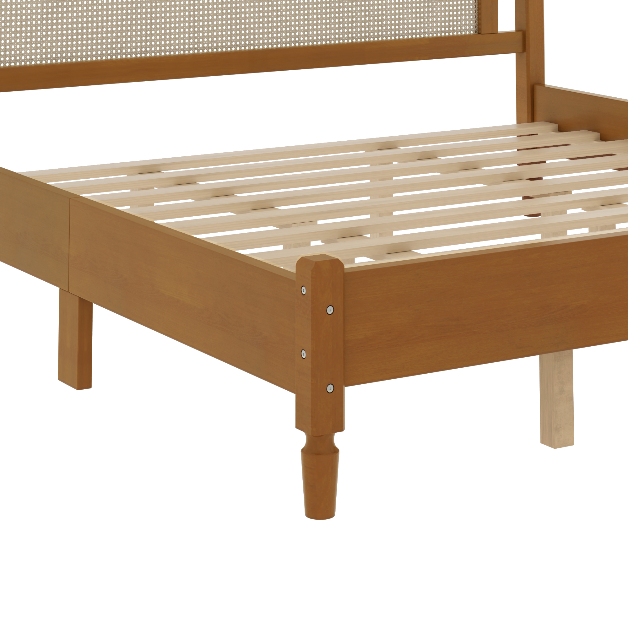 King Size Wooden Platform Bed with Natural Rattan Headboard