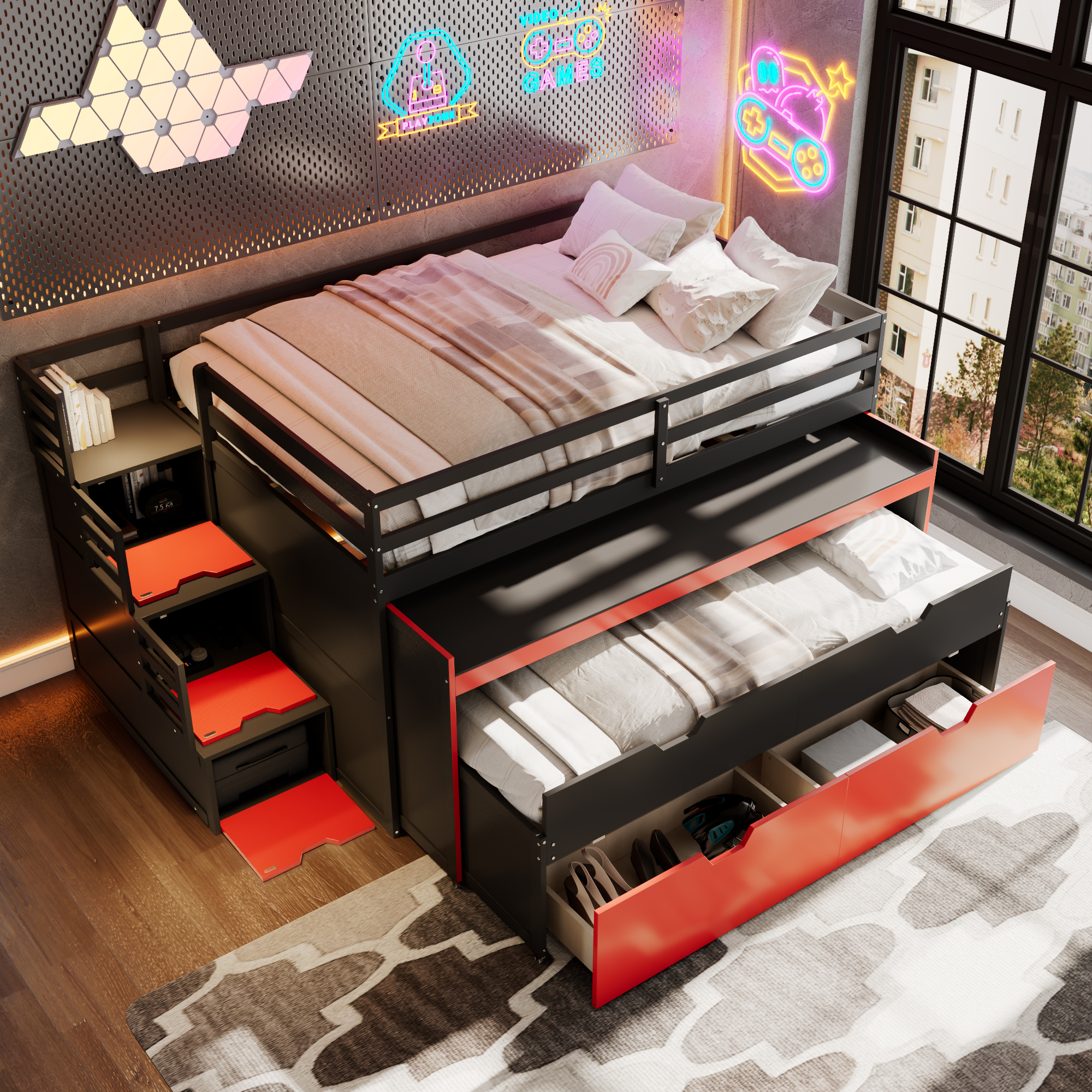 Full XL Loft Bed with Pull-Out Desk and Twin Trundle