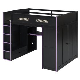 Wood Full Size Loft Bed with Desk, Multi-Storage Shelves and RGB Light