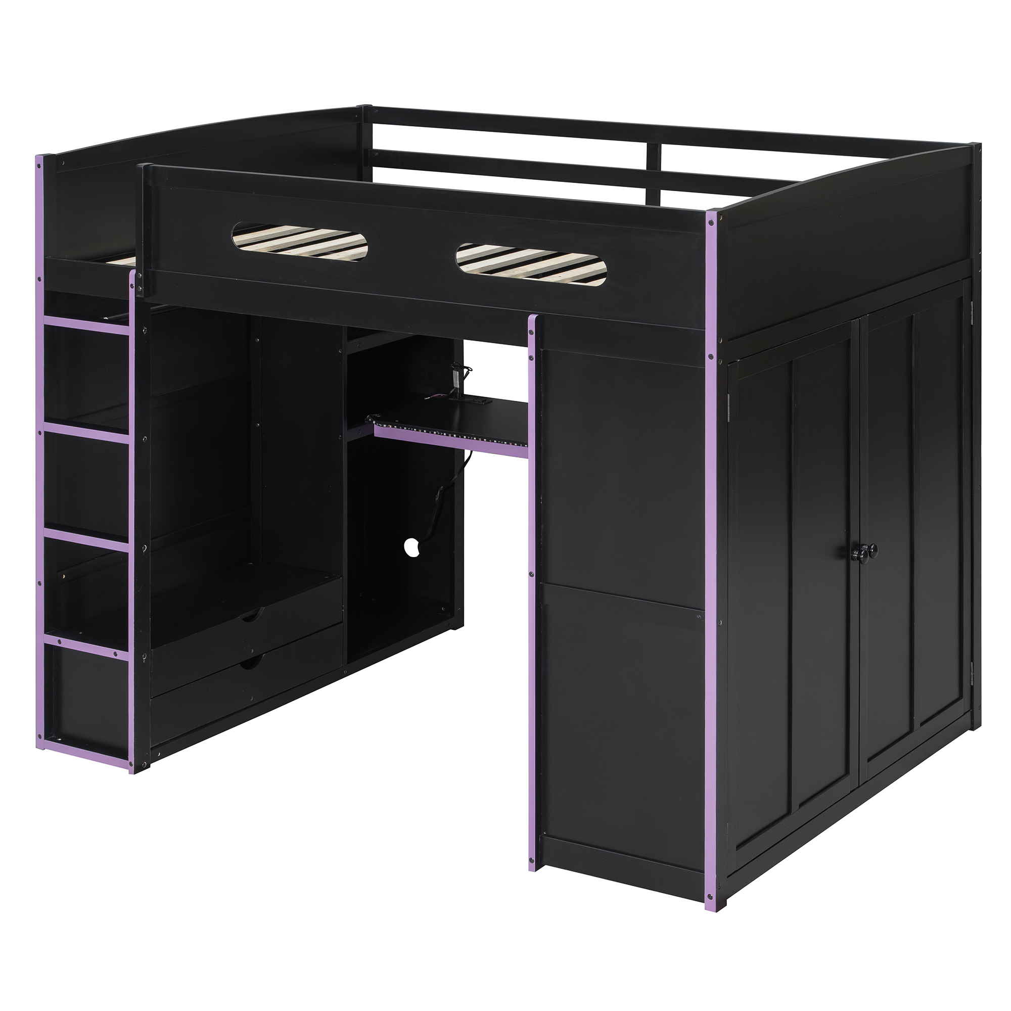 Wood Full Size Loft Bed with Desk, Multi-Storage Shelves and RGB Light