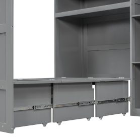 Twin Size Murphy Cabinet Bed With Wardrobe & Storage Shelves, 5-Tier LED Display Shelves, Overhead Cabinets