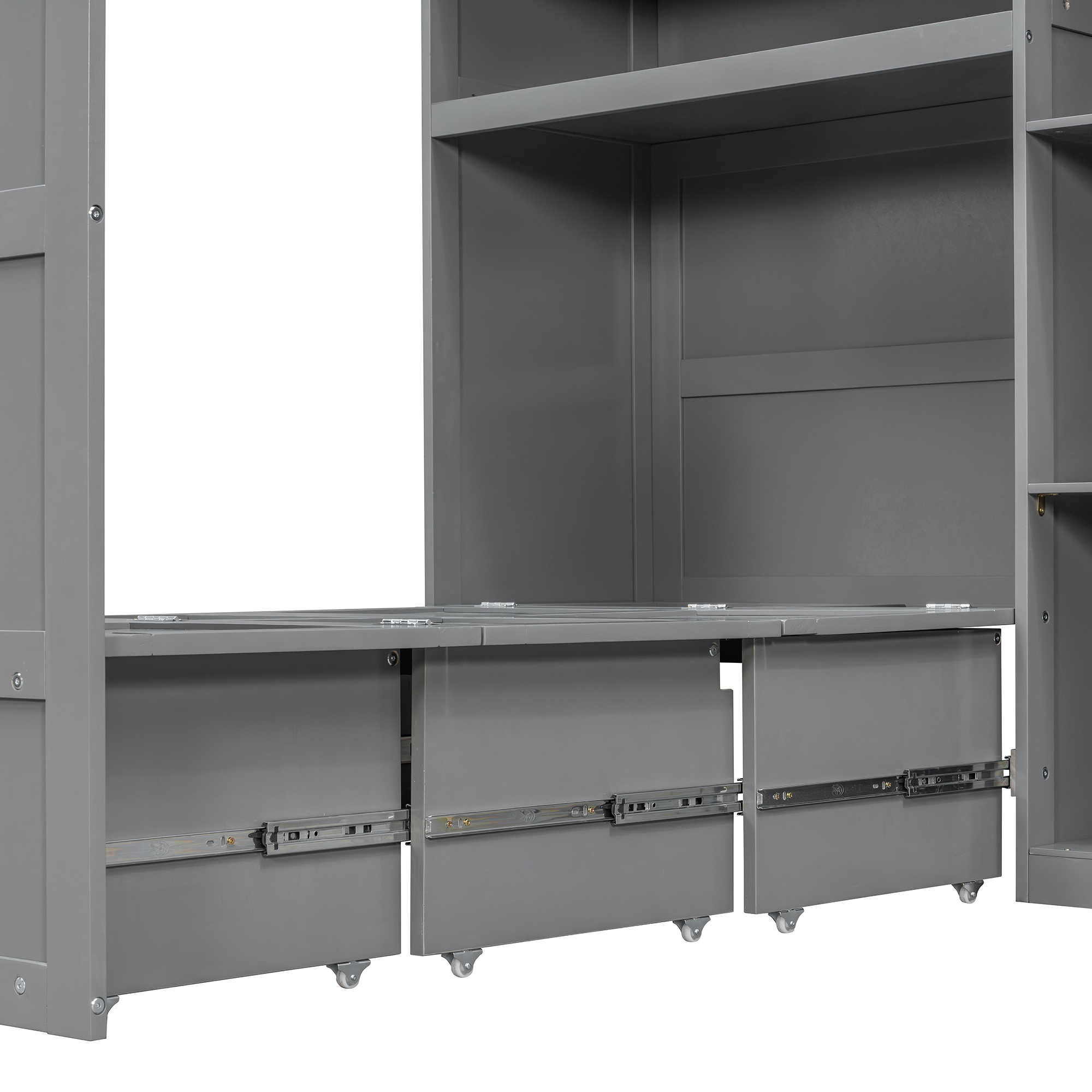 Twin Size Murphy Cabinet Bed With Wardrobe & Storage Shelves, 5-Tier LED Display Shelves, Overhead Cabinets
