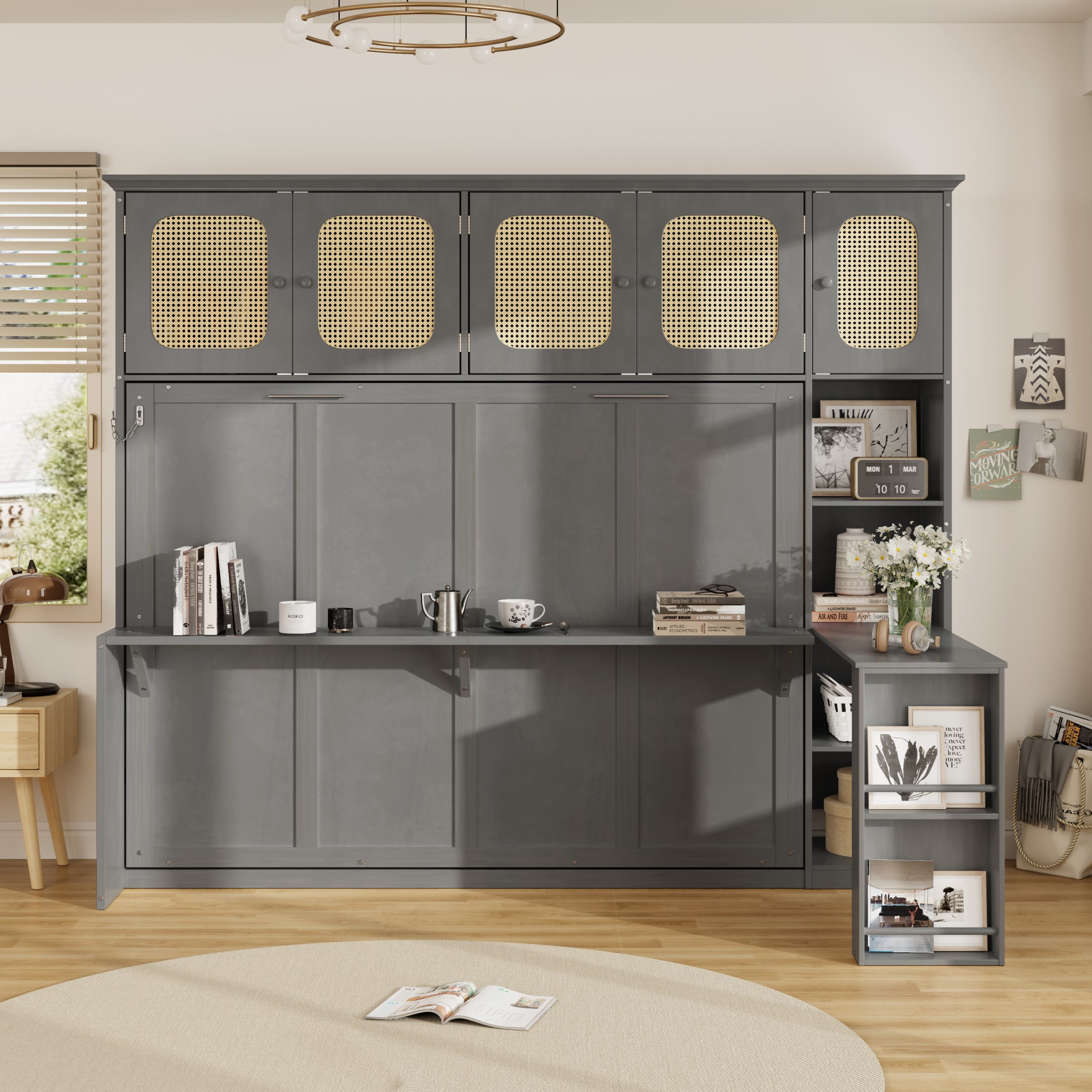 Full Murphy Bed With Desk And Rattan Cabinets