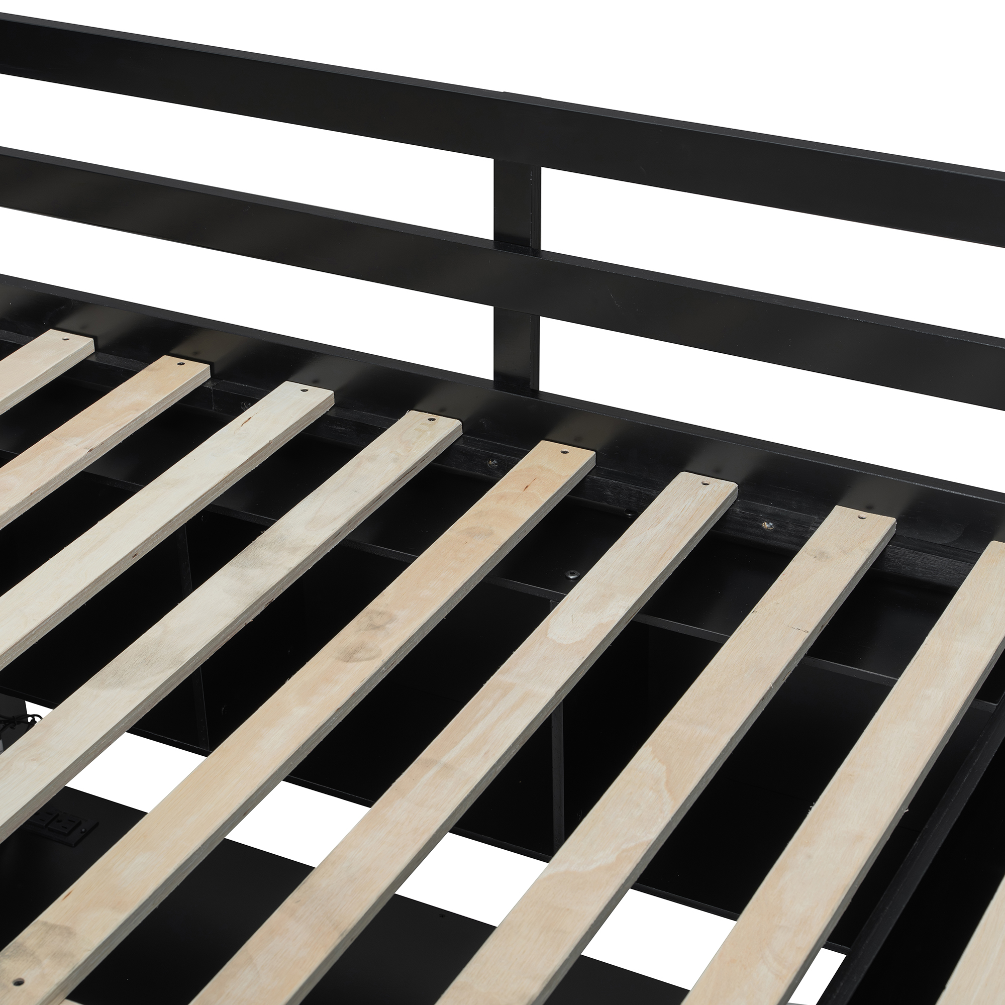 Wood Full Size Loft Bed with Desk, Multi-Storage Shelves and RGB Light