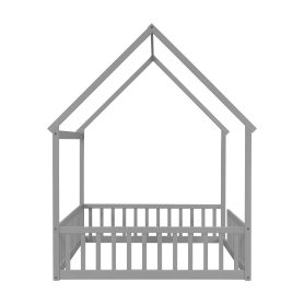Full Size House Floor Bed With Roof Frame and Safety Guardrails