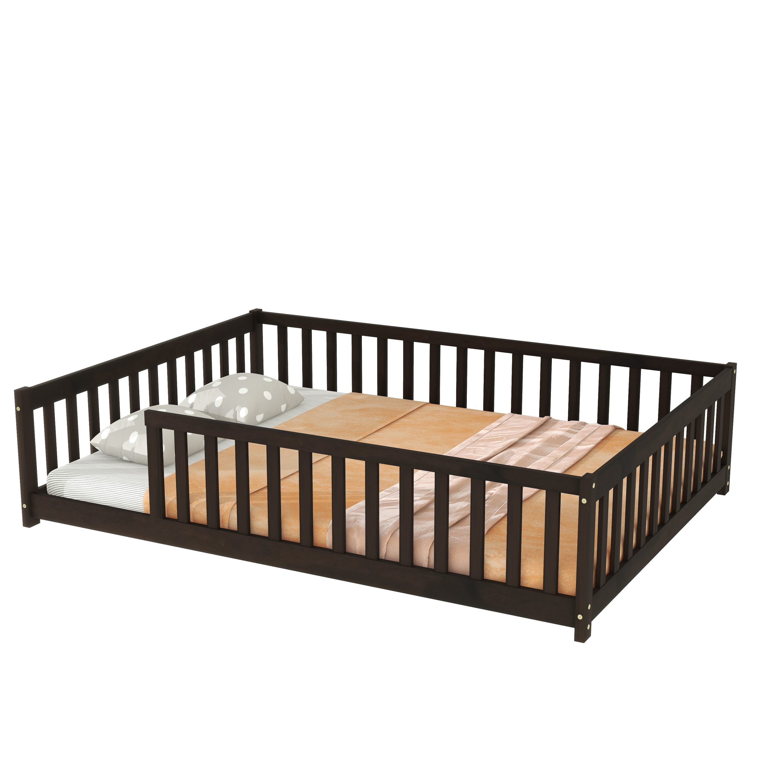 Rubber Wood Full Size Floor Bed with Fence without Door