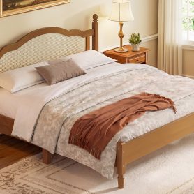 King Size Wooden Platform Bed with Natural Rattan Headboard