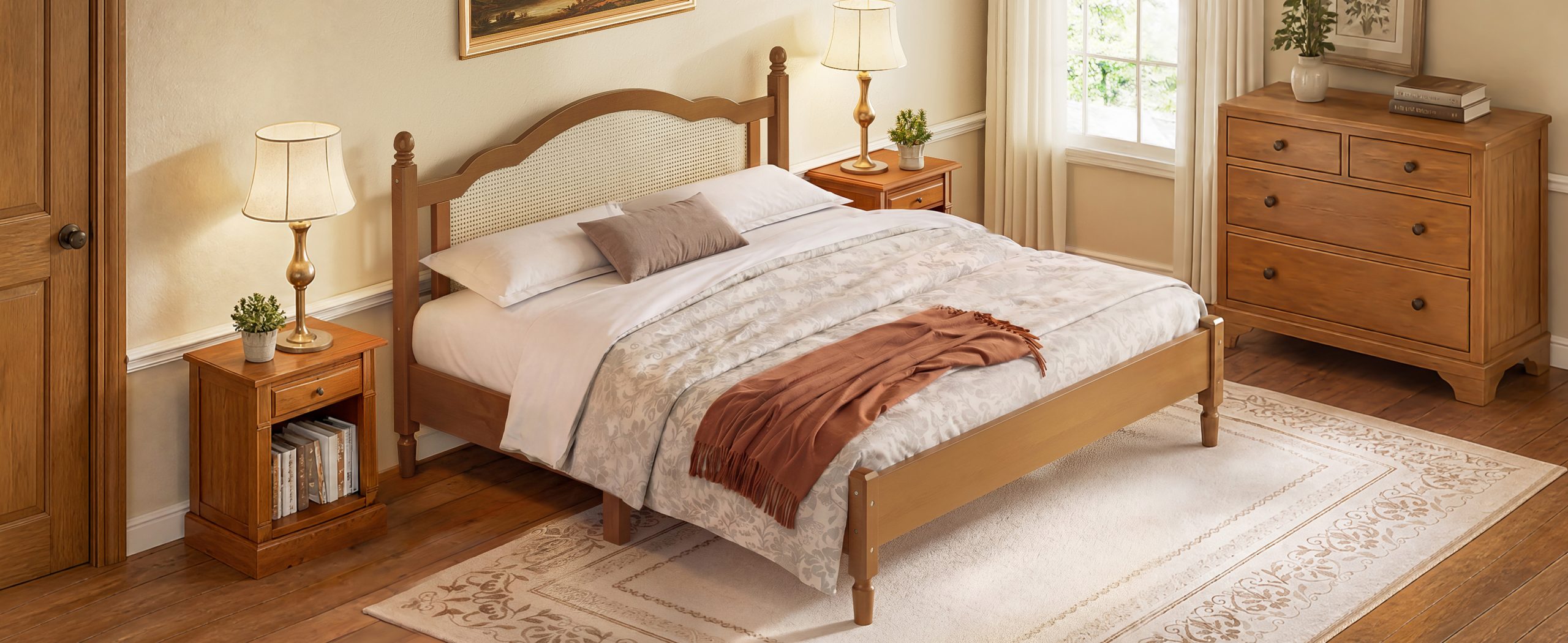 King Size Wooden Platform Bed with Natural Rattan Headboard