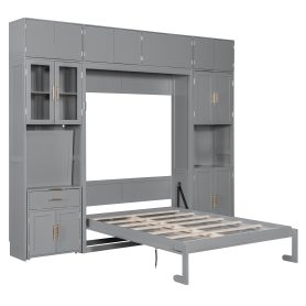 Full Size Murphy Bed With Storage Cabinets, Desk And Glass-door Hutch, USB & Power Outlet, LED Lighted Shelves