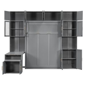 Full Size Murphy Bed With Storage Cabinets, Desk And Glass-door Hutch, USB & Power Outlet, LED Lighted Shelves