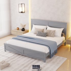 Farmhouse Style King Size Bed with Barn Door Designed Headboard and Footboard