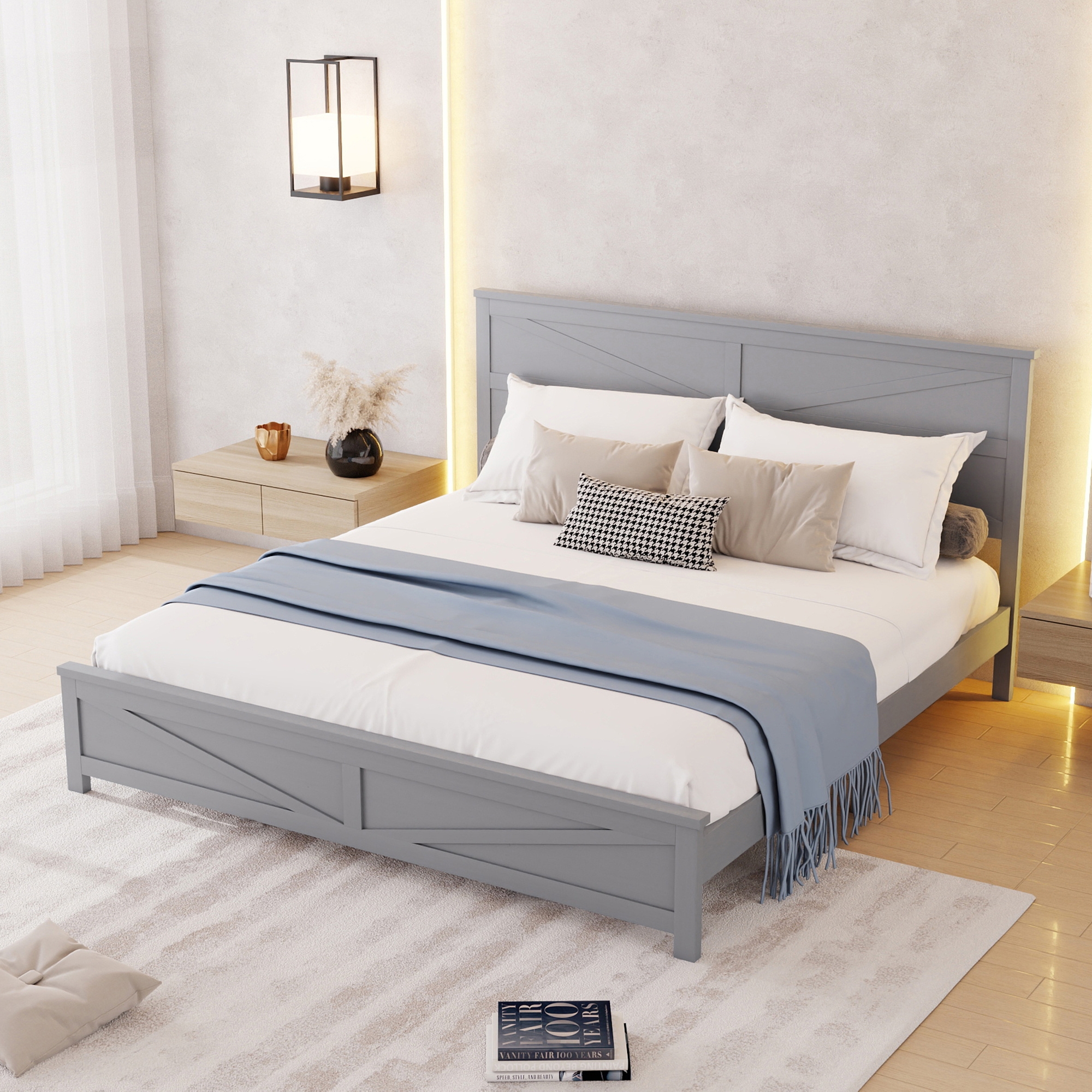 Farmhouse Style King Size Bed with Barn Door Designed Headboard and Footboard