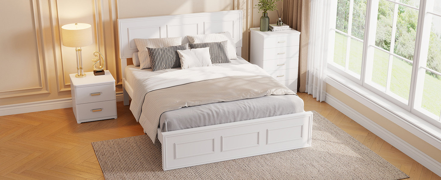 Pine Wood Full Size Bed with Adjustable Height Headboard