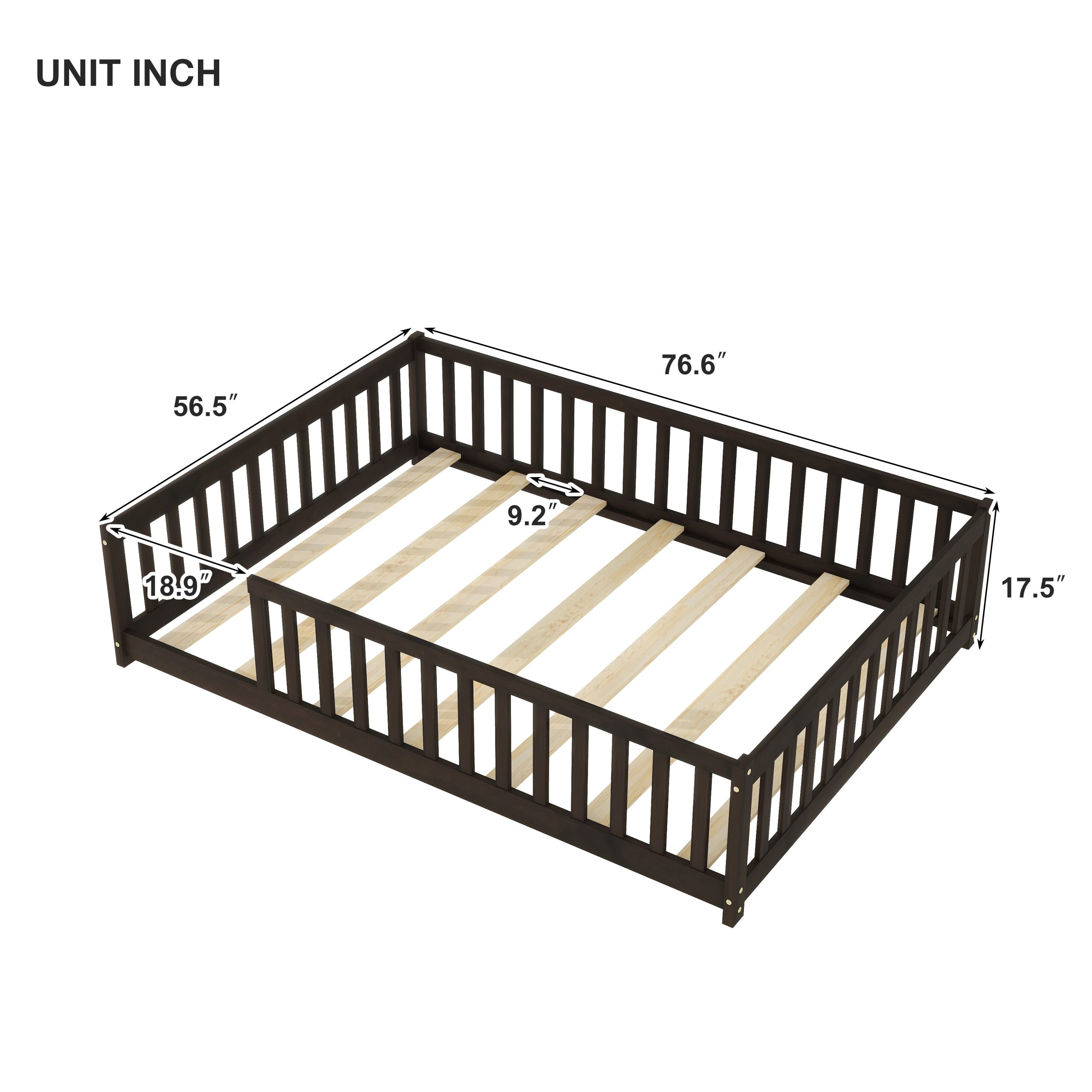 Rubber Wood Full Size Floor Bed with Fence without Door