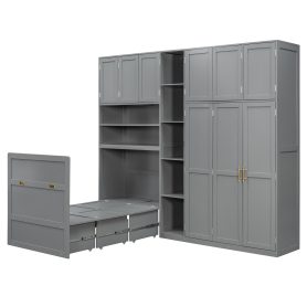 Twin Size Murphy Cabinet Bed With Wardrobe & Storage Shelves, 5-Tier LED Display Shelves, Overhead Cabinets