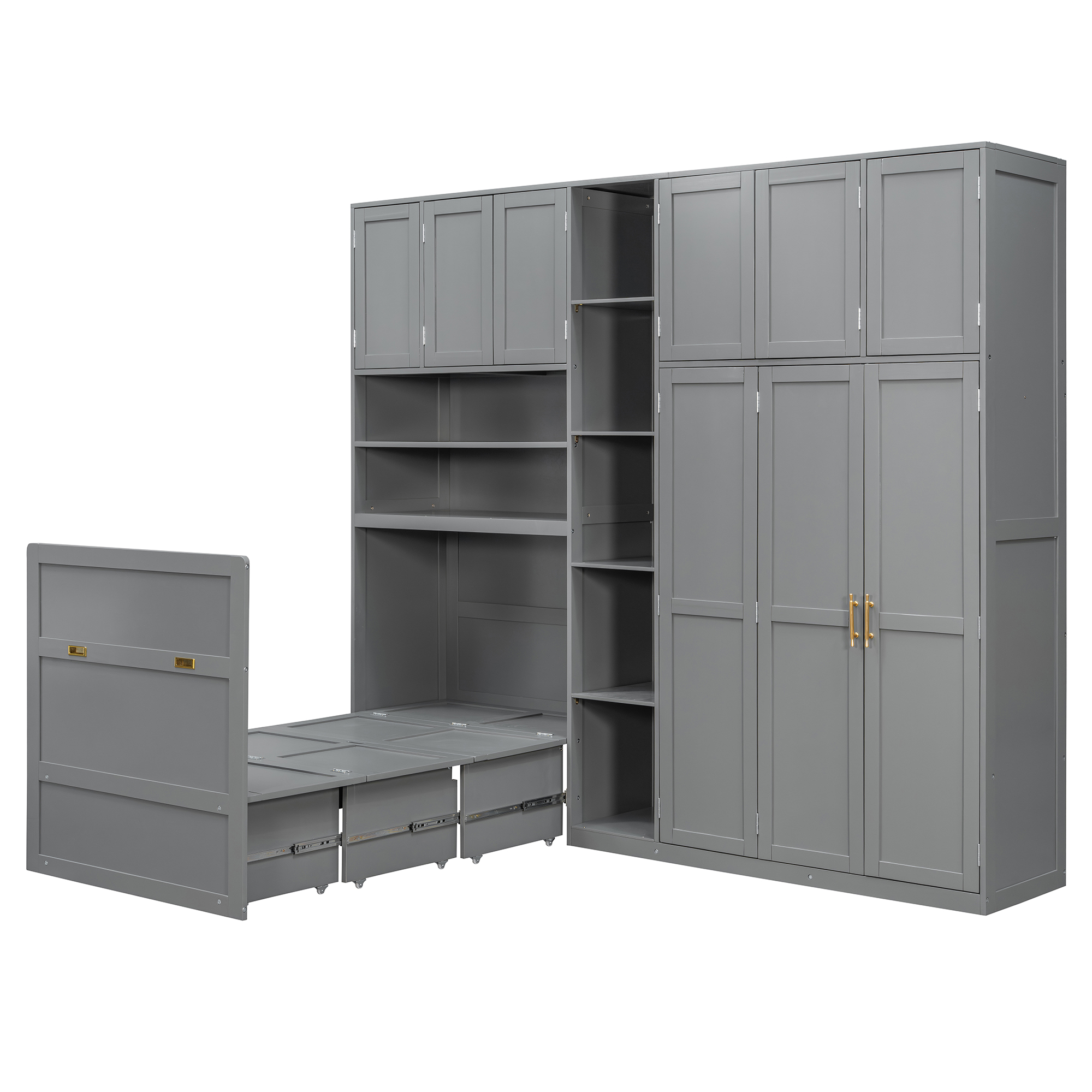 Twin Size Murphy Cabinet Bed With Wardrobe & Storage Shelves, 5-Tier LED Display Shelves, Overhead Cabinets