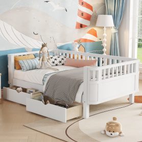 Wood Low Profile Twin Bed with Rails and Drawers