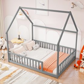 Full Size House Floor Bed With Roof Frame and Safety Guardrails