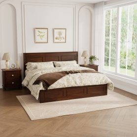 Pine Wood Queen Size Bed with Adjustable Height Headboard
