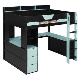 Full Size Wooden Gaming Loft Bed with U-Shaped Desk, Smart RGB LED Lights and USB Ports