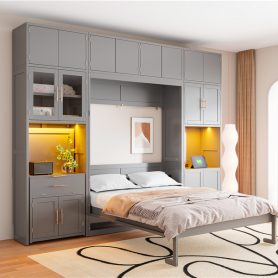 Full Size Murphy Bed With Storage Cabinets, Desk And Glass-door Hutch, USB & Power Outlet, LED Lighted Shelves