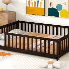 Rubber Wood Full Size Floor Bed with Fence without Door