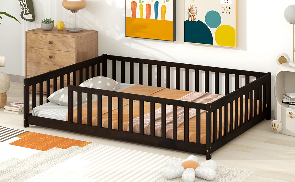 Rubber Wood Full Size Floor Bed with Fence without Door