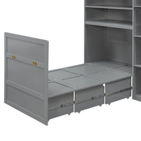 Twin Size Murphy Cabinet Bed With Wardrobe & Storage Shelves, 5-Tier LED Display Shelves, Overhead Cabinets