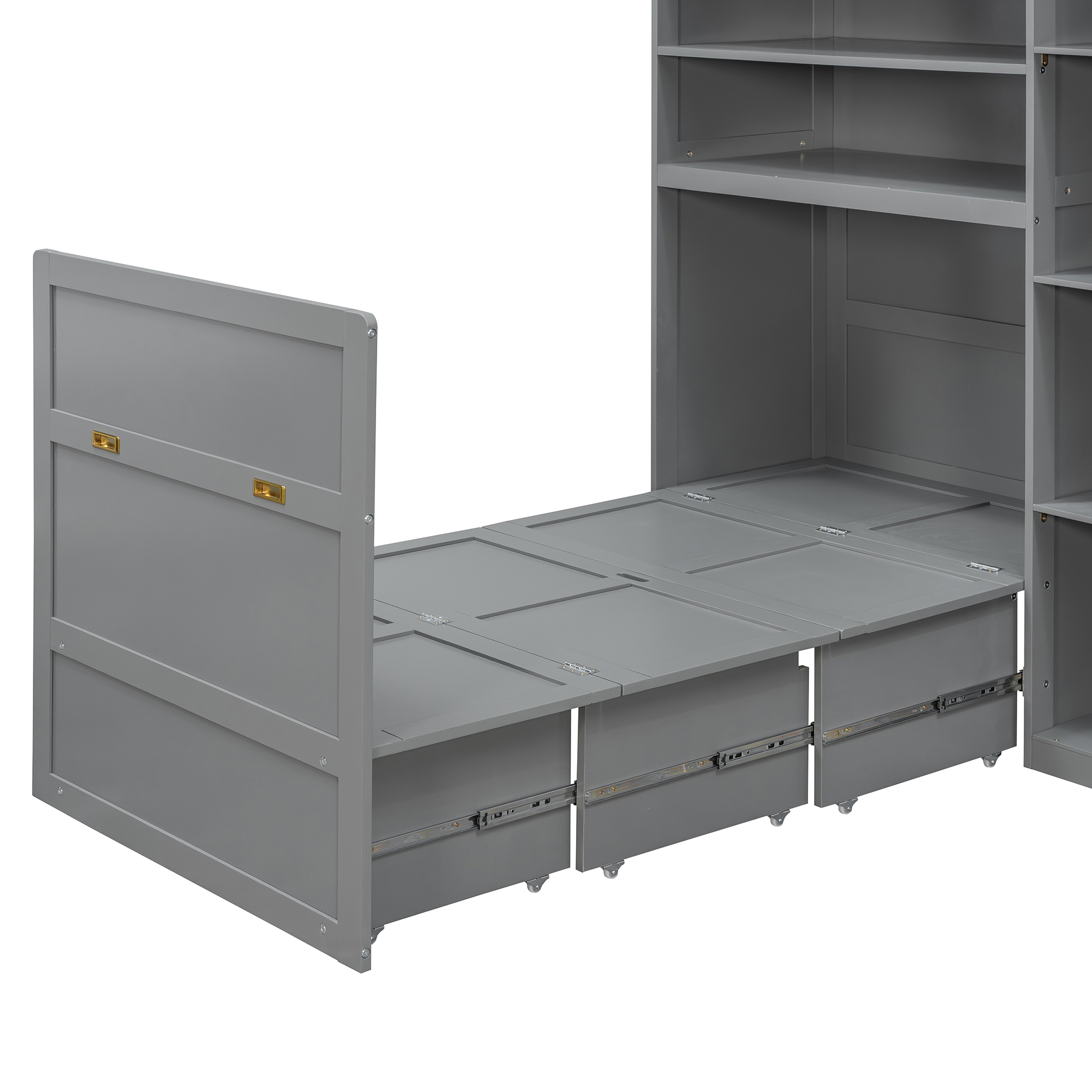 Twin Size Murphy Cabinet Bed With Wardrobe & Storage Shelves, 5-Tier LED Display Shelves, Overhead Cabinets