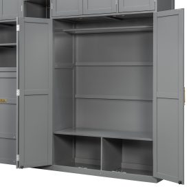 Twin Size Murphy Cabinet Bed With Wardrobe & Storage Shelves, 5-Tier LED Display Shelves, Overhead Cabinets