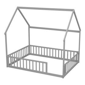 Full Size House Floor Bed With Roof Frame and Safety Guardrails