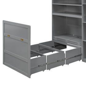 Twin Size Murphy Cabinet Bed With Wardrobe & Storage Shelves, 5-Tier LED Display Shelves, Overhead Cabinets