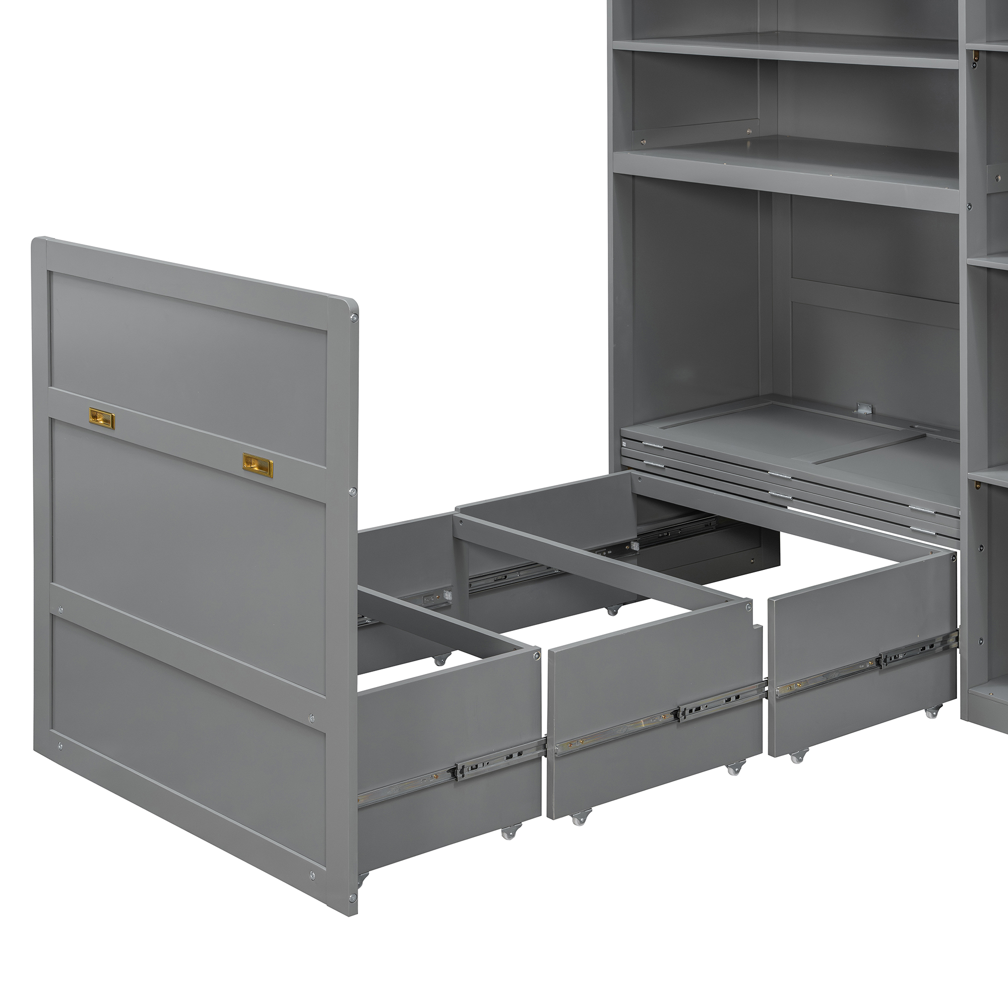 Twin Size Murphy Cabinet Bed With Wardrobe & Storage Shelves, 5-Tier LED Display Shelves, Overhead Cabinets