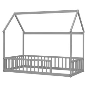Twin Size House Floor Bed With Roof Frame and Safety Guardrails