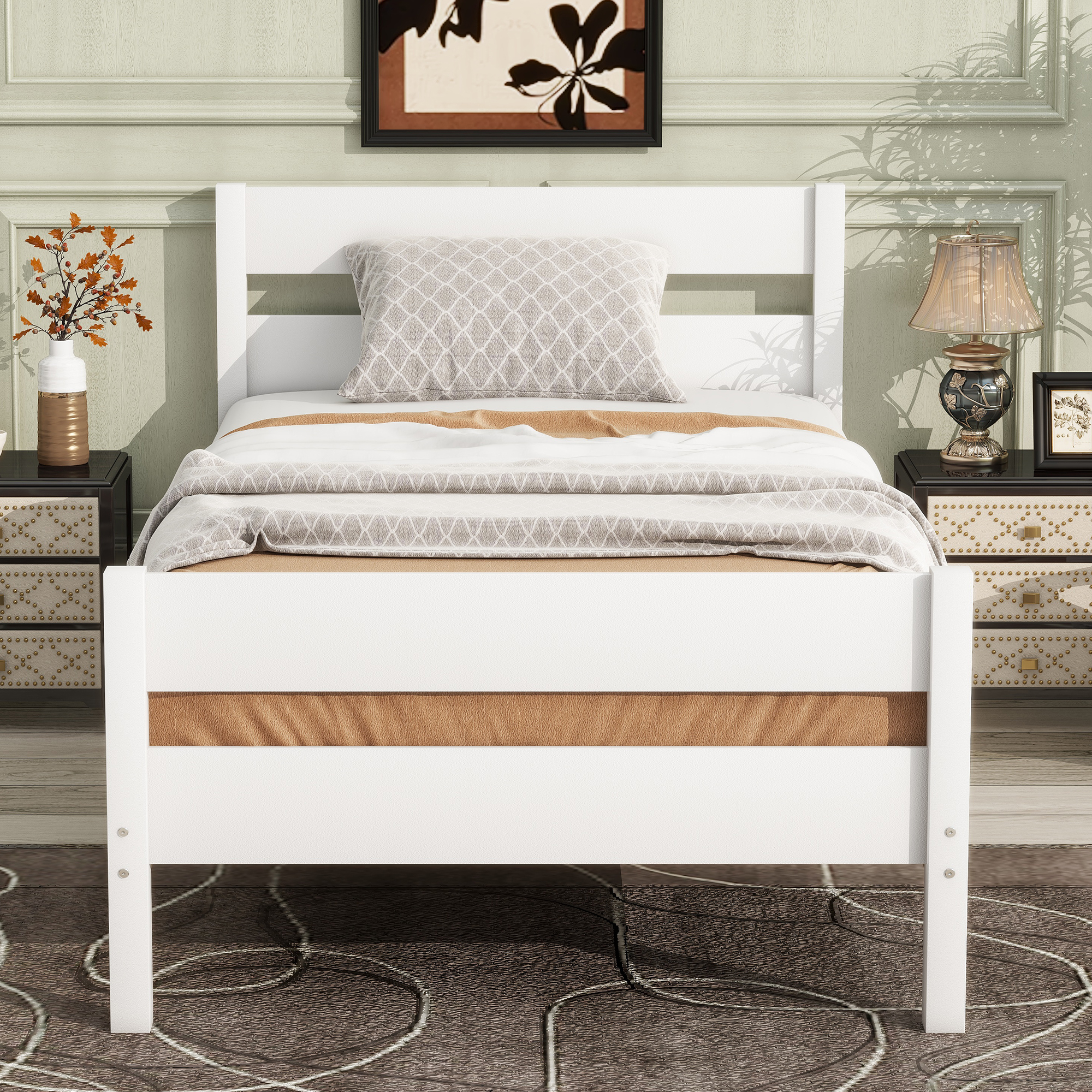 Rubber Wood Twin Platform Bed With Headboard