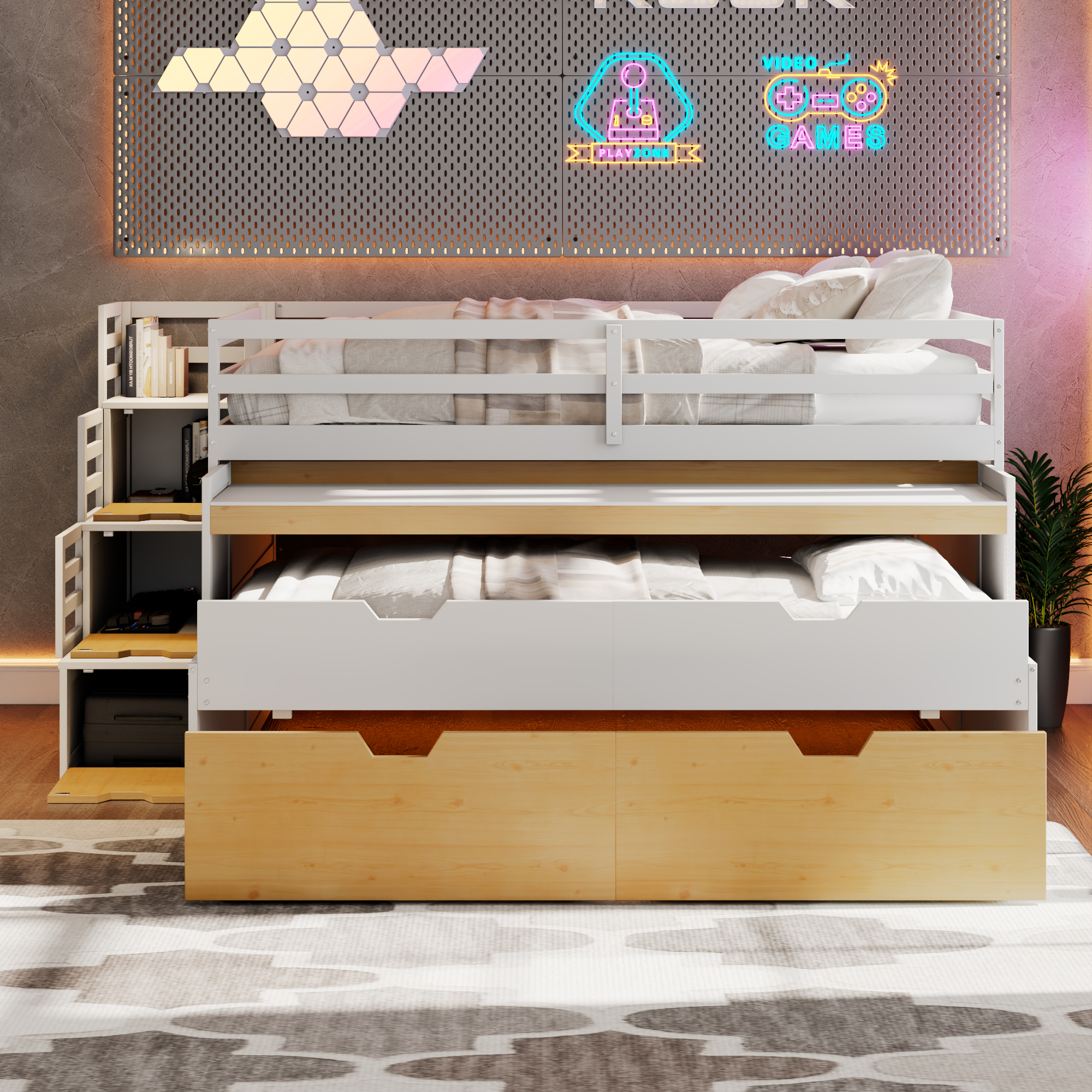 Full XL Loft Bed with Pull-Out Desk and Twin Trundle