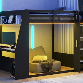 Full Size Wooden Gaming Bunk Bed with Desk,Two Storage Shelves,USB and LED Light
