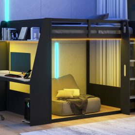 Full Size Wooden Gaming Bunk Bed with Desk,Two Storage Shelves,USB and LED Light