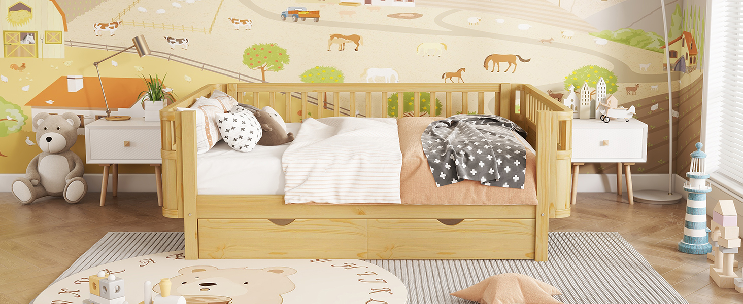 Wood Low Profile Full Bed with Rails and Drawers